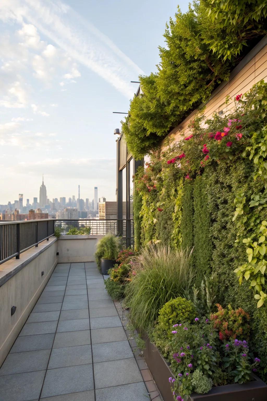 A vertical garden brings abundant greenery to compact spaces.