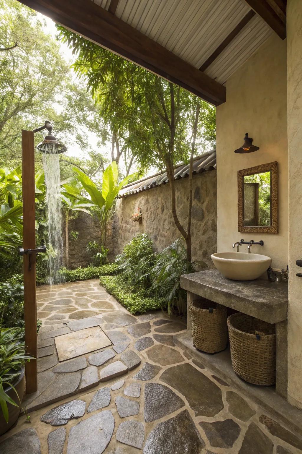 Natural stone adds organic texture and depth.