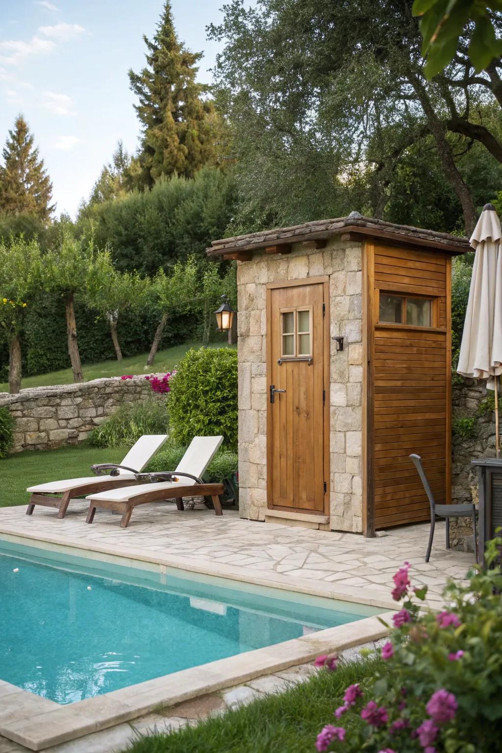 Bathroom location close to pool for ease and convenience.