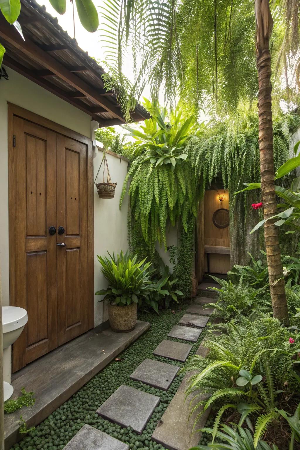 Green plants enhance outdoor bathroom atmosphere.