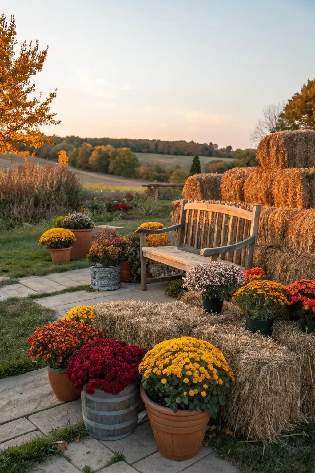 Hay bales create a rustic centerpiece in fall gardens.