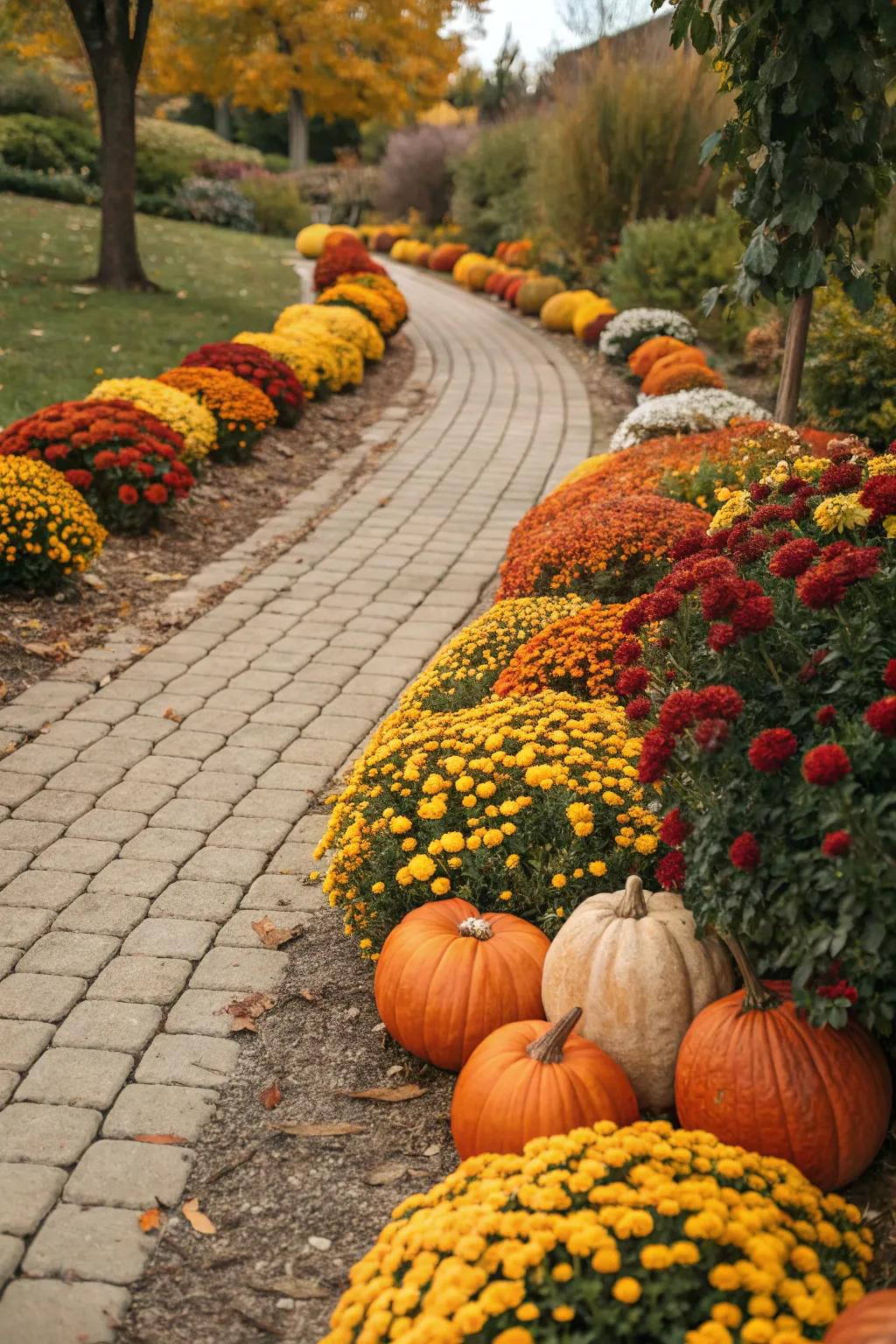 Mini pumpkins and gourds add a whimsical touch to fall gardens.