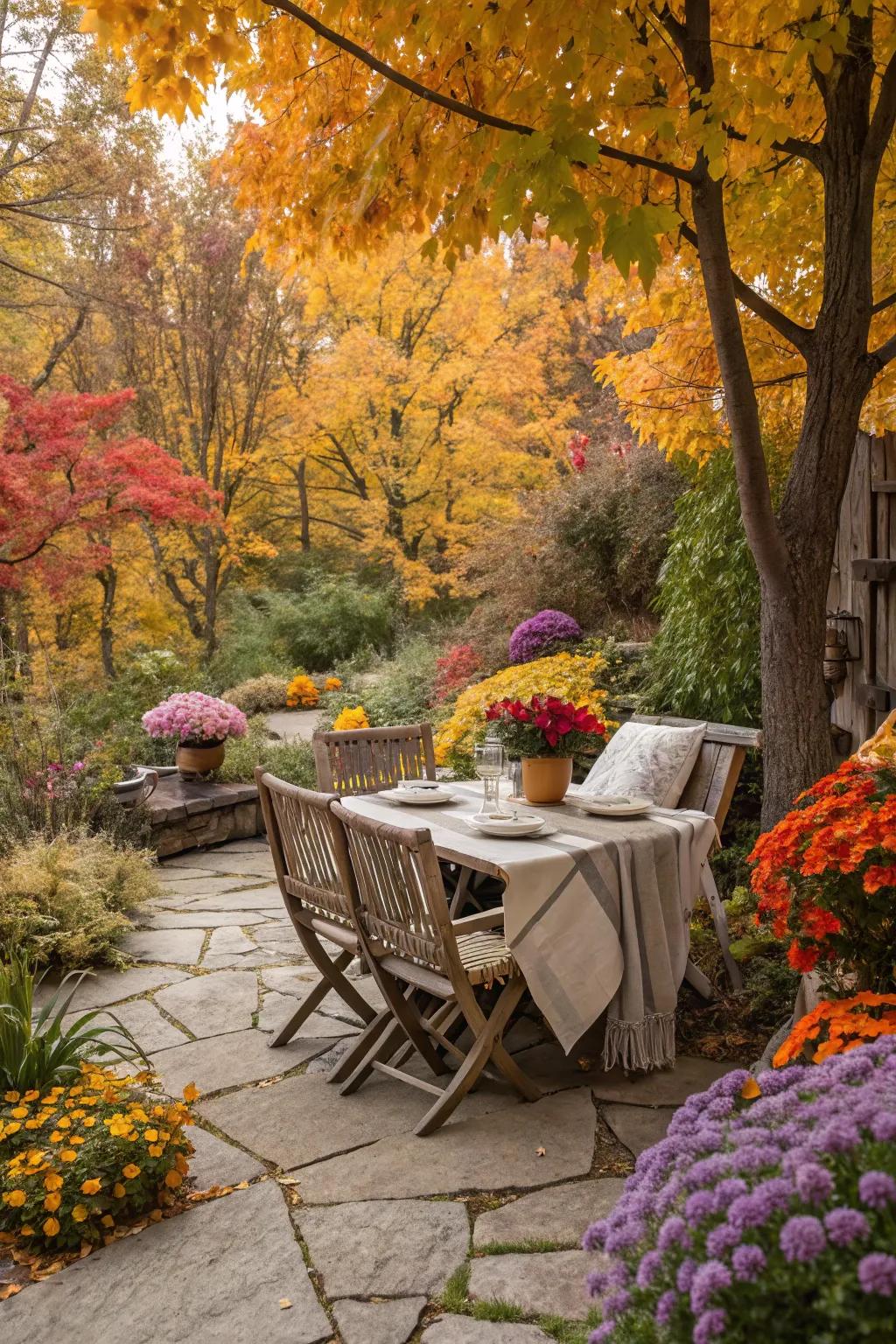 A cozy garden nook is perfect for enjoying fall's beauty.