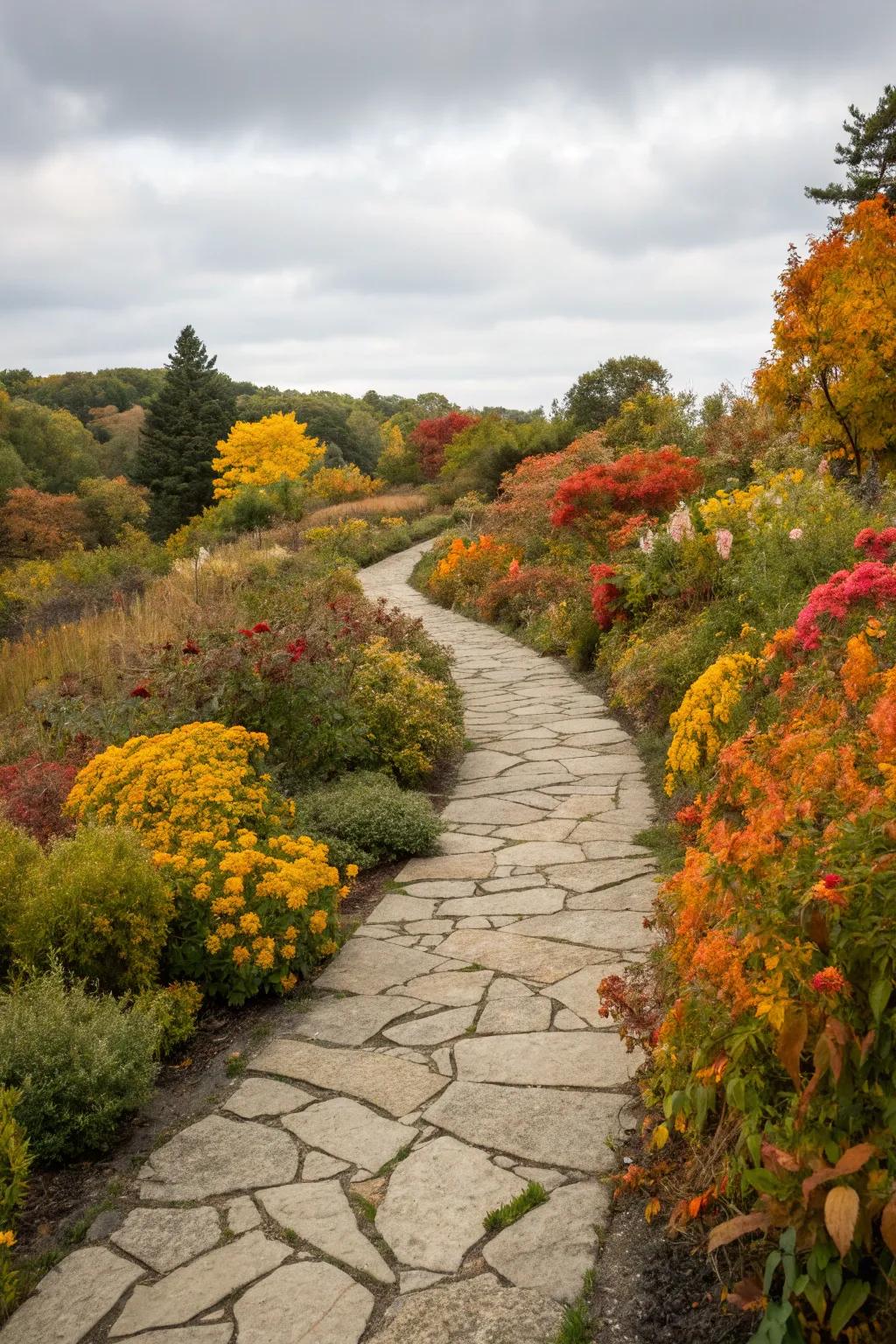Stone paths add structure and charm to fall gardens.