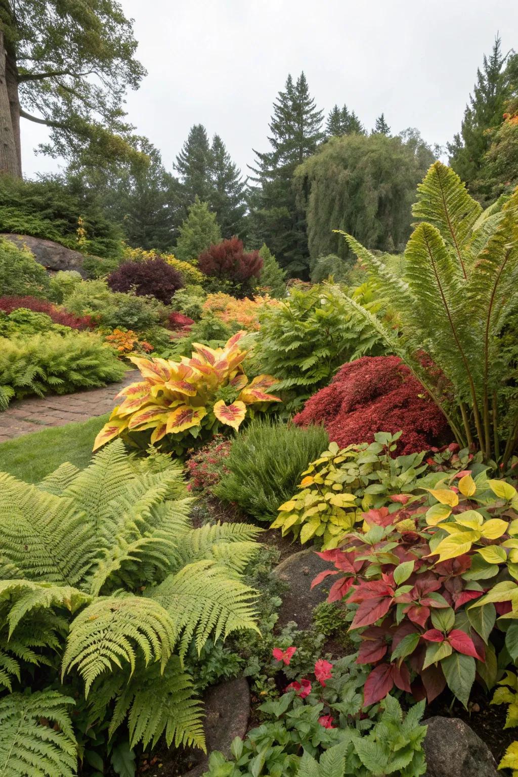 Layering textures with ferns and foliage adds depth to gardens.