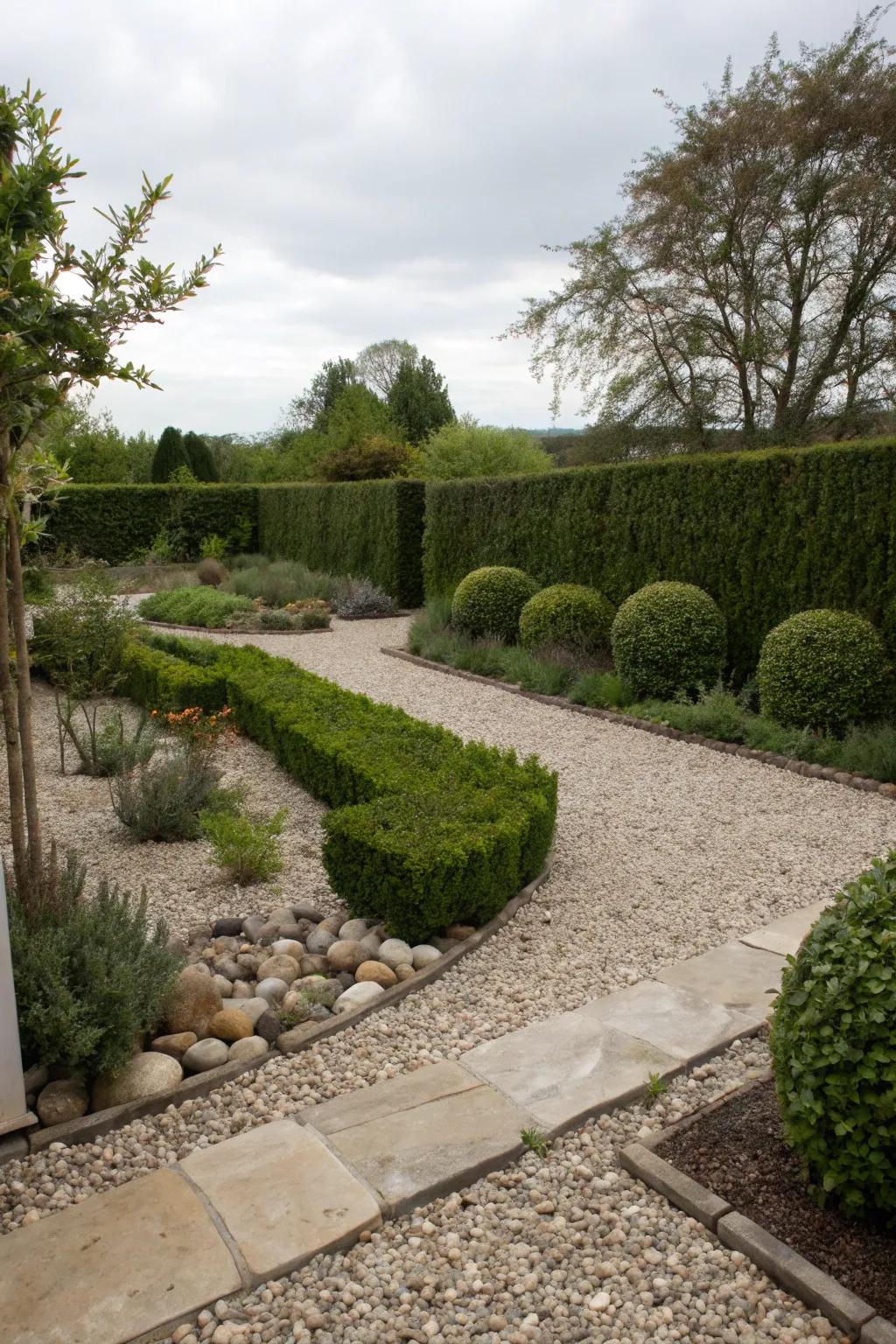 Hedges create a private oasis in a gravel garden.