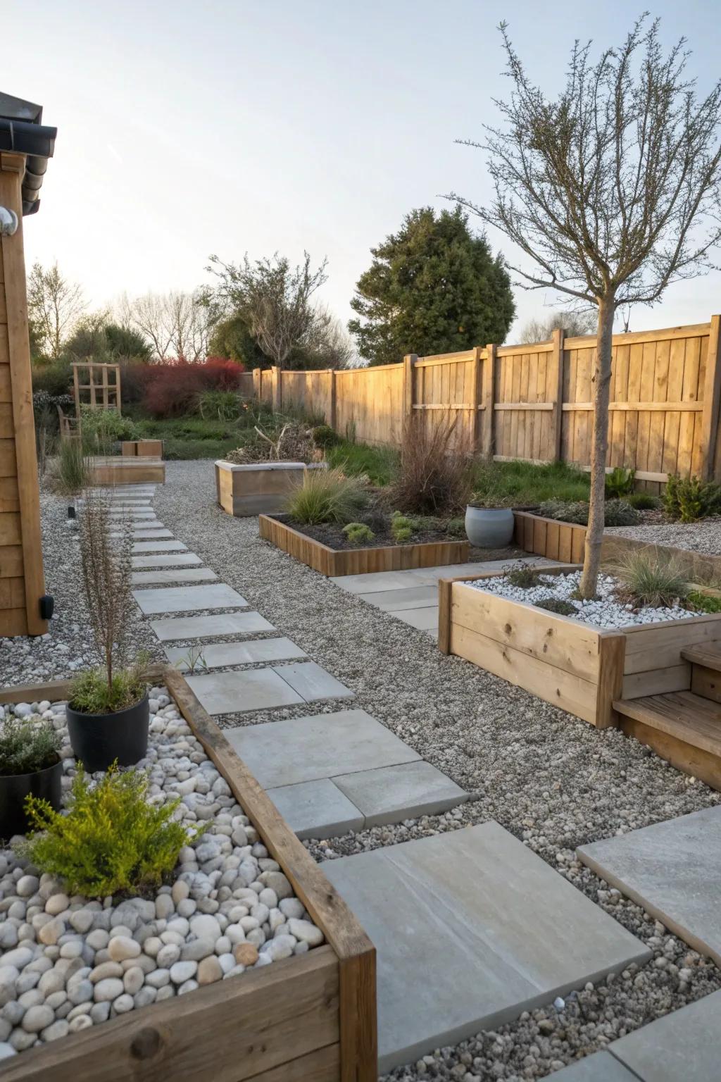 A textured mix of gravel, pavers, and wood in a garden.