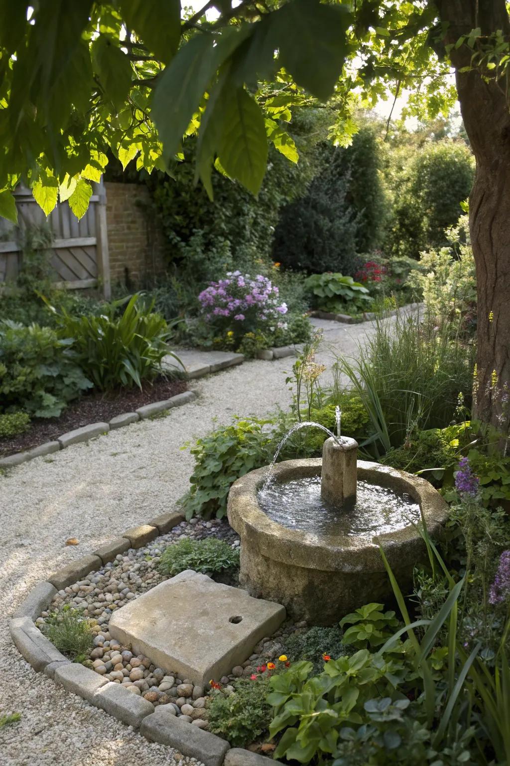 A soothing water feature in a serene gravel garden.