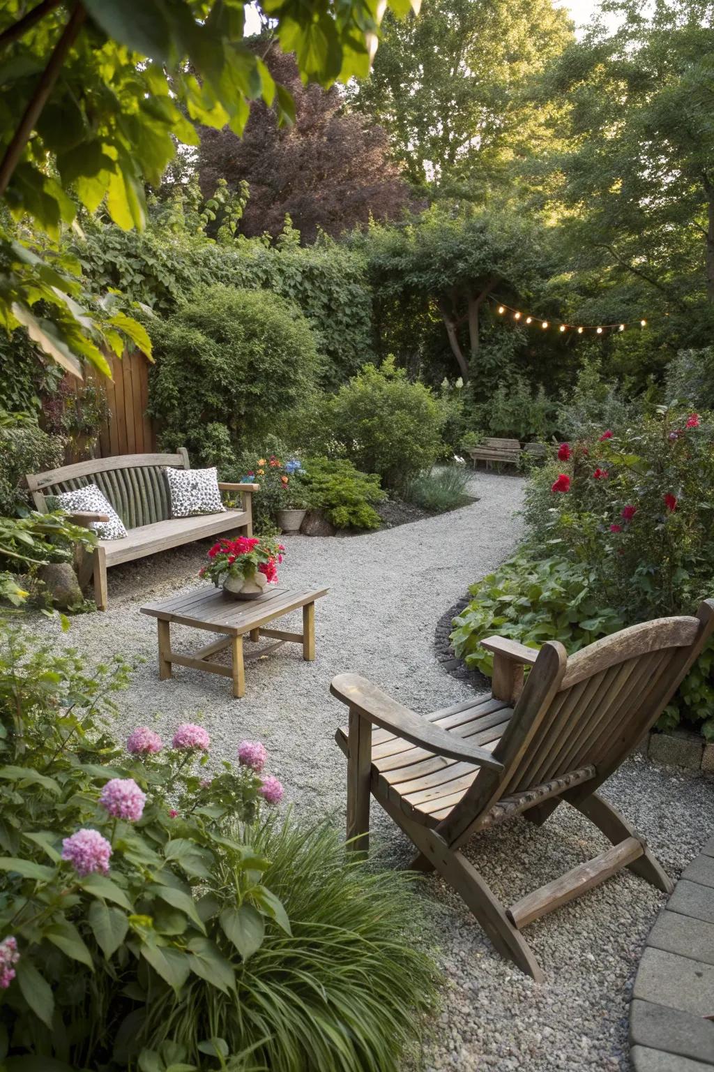 A tranquil seating nook nestled within a gravel garden.