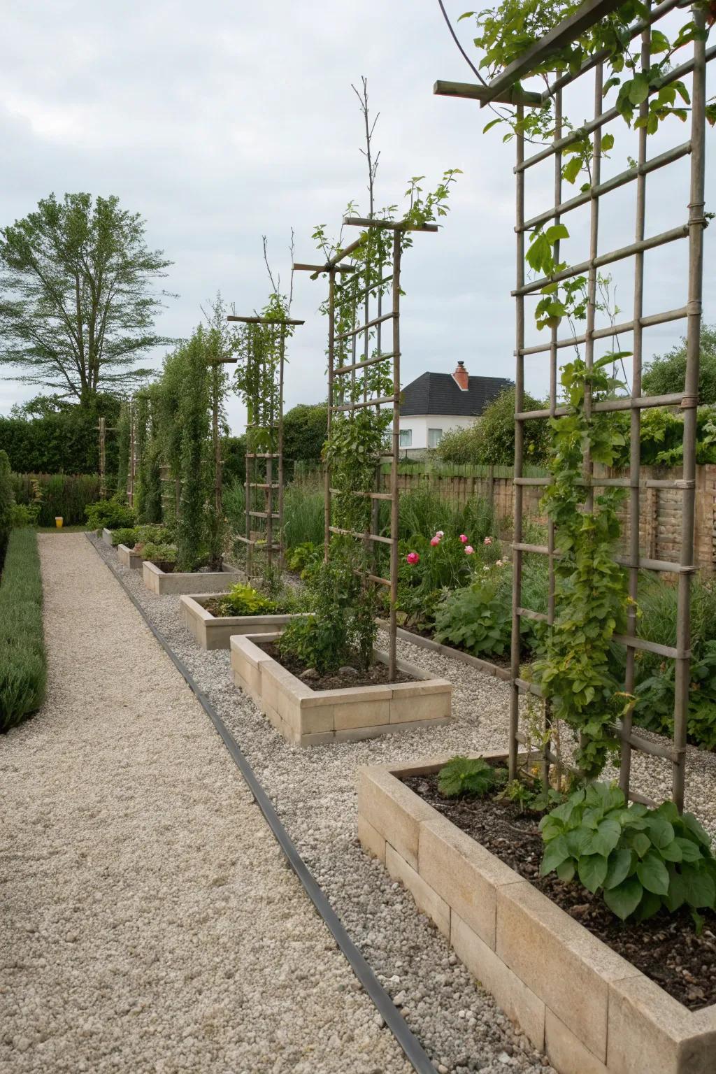 Vertical elements add height and interest to a gravel garden.