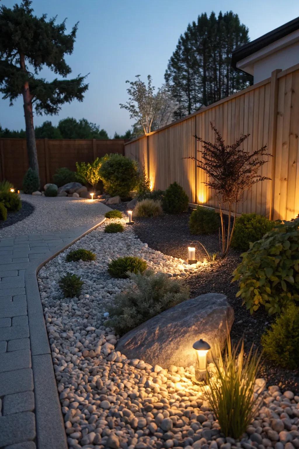 Garden lights highlight features in a gravel garden.