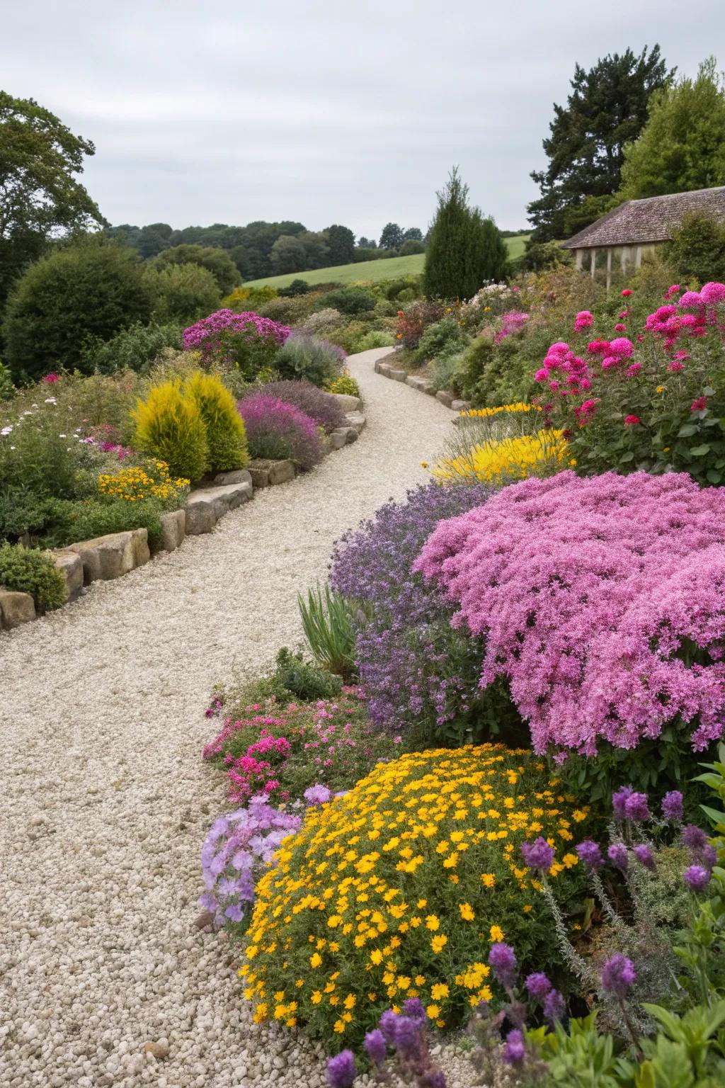 Colorful flowers bring life to a gravel garden.