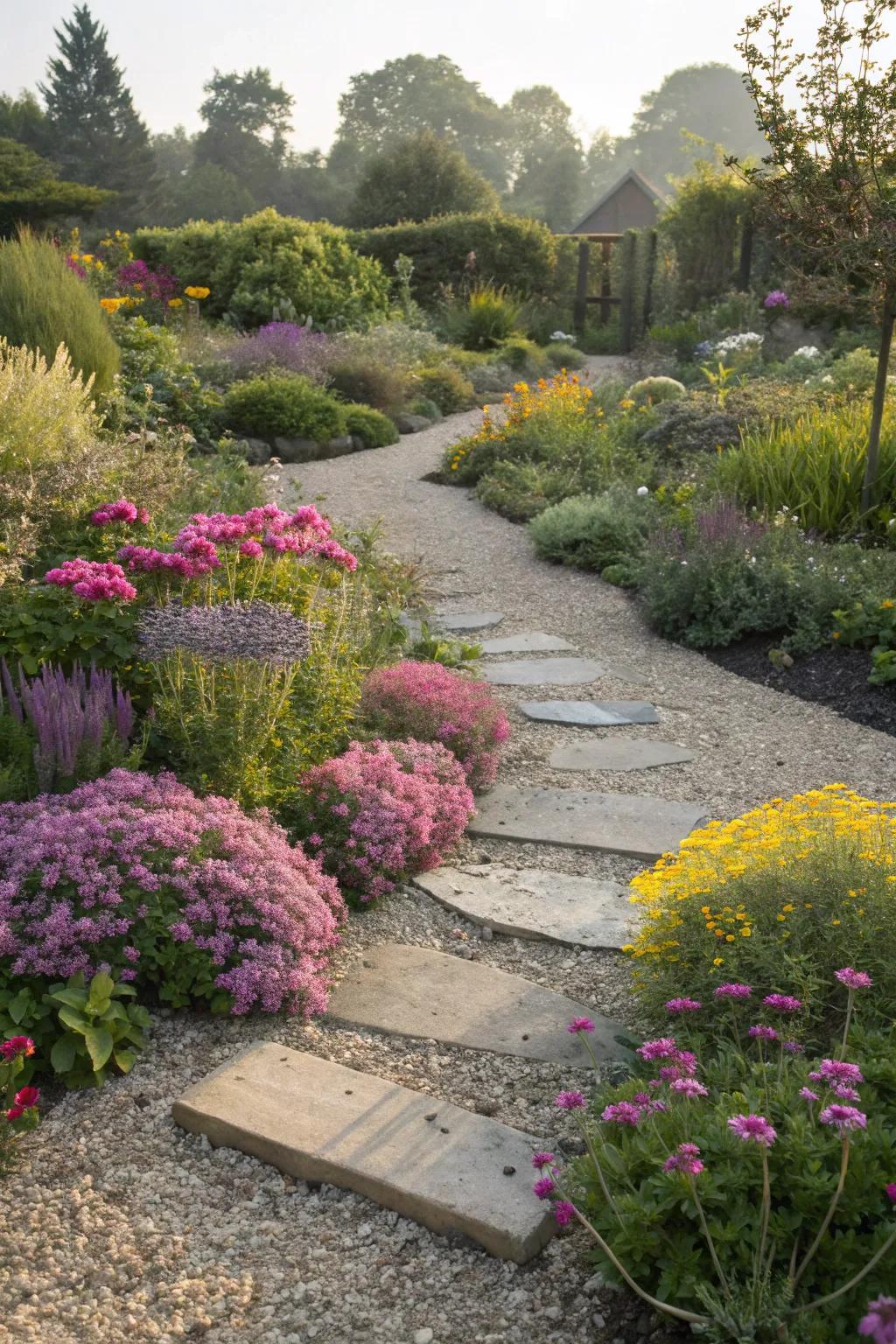 Gravel garden with stepping stones weaving through lush greenery.