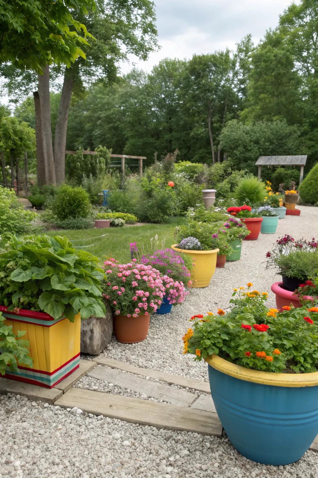 Gravel garden enhanced with stylish planters and vibrant pots.