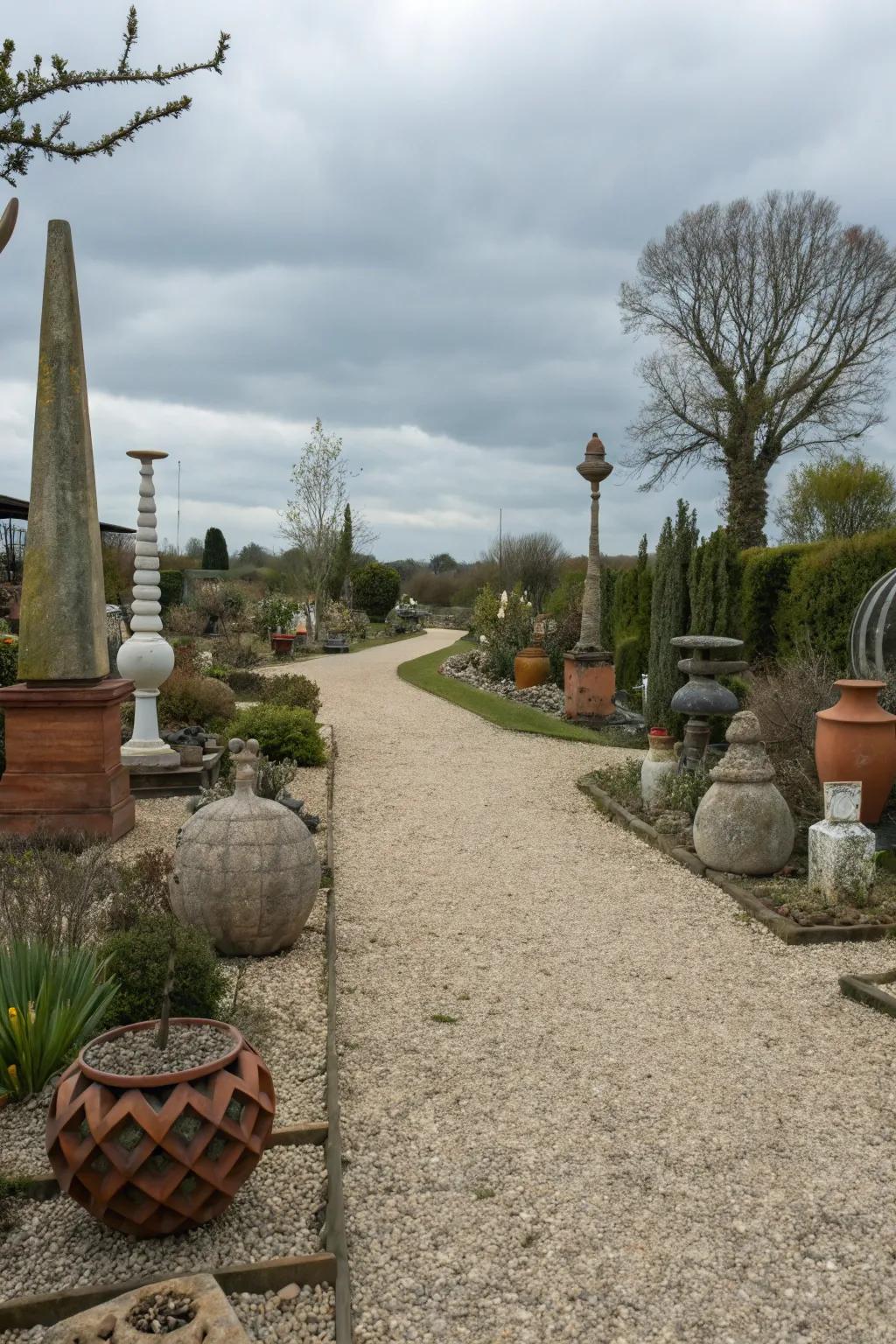 Art pieces add a unique touch to a gravel garden.