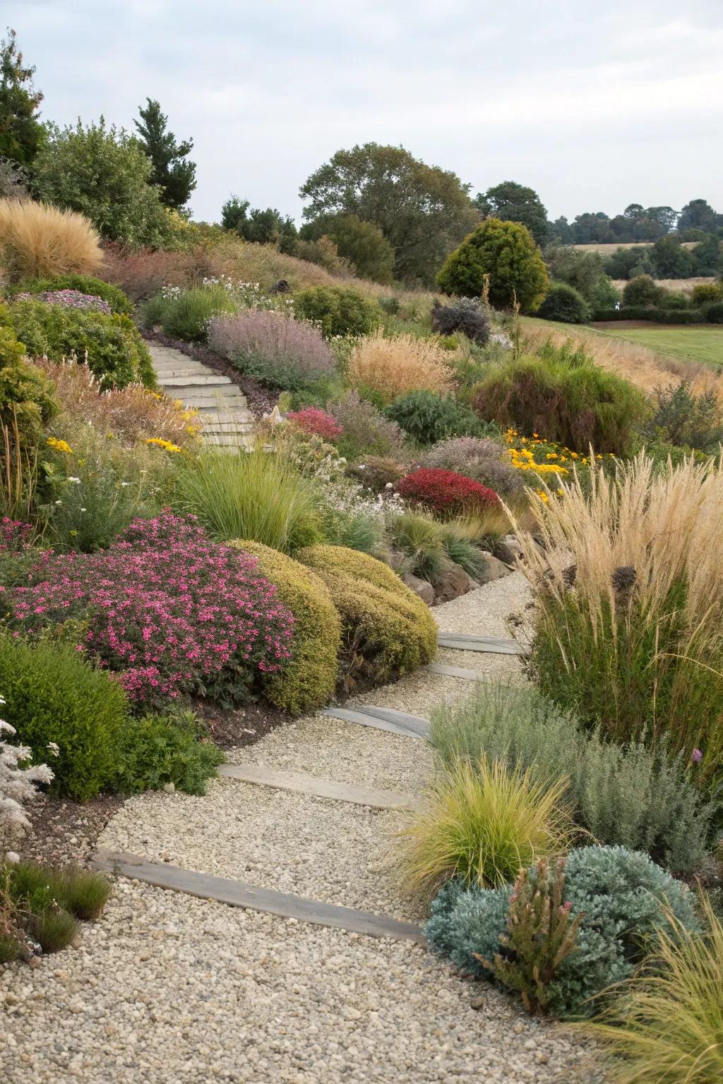 A layered gravel garden with diverse plant heights and textures.