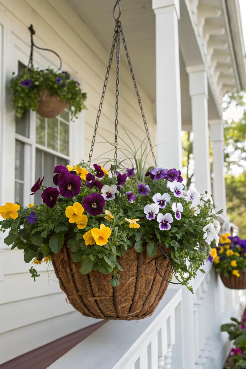 Hanging baskets filled with pansies, bringing joy and color to any porch.