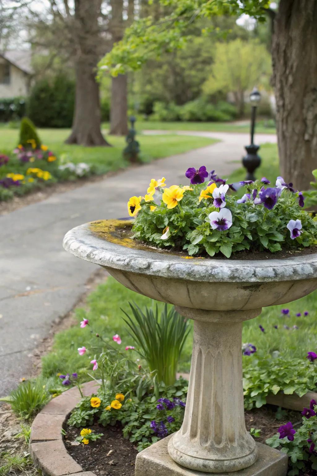 A birdbath turned planter, showcasing pansies in a creative garden display.