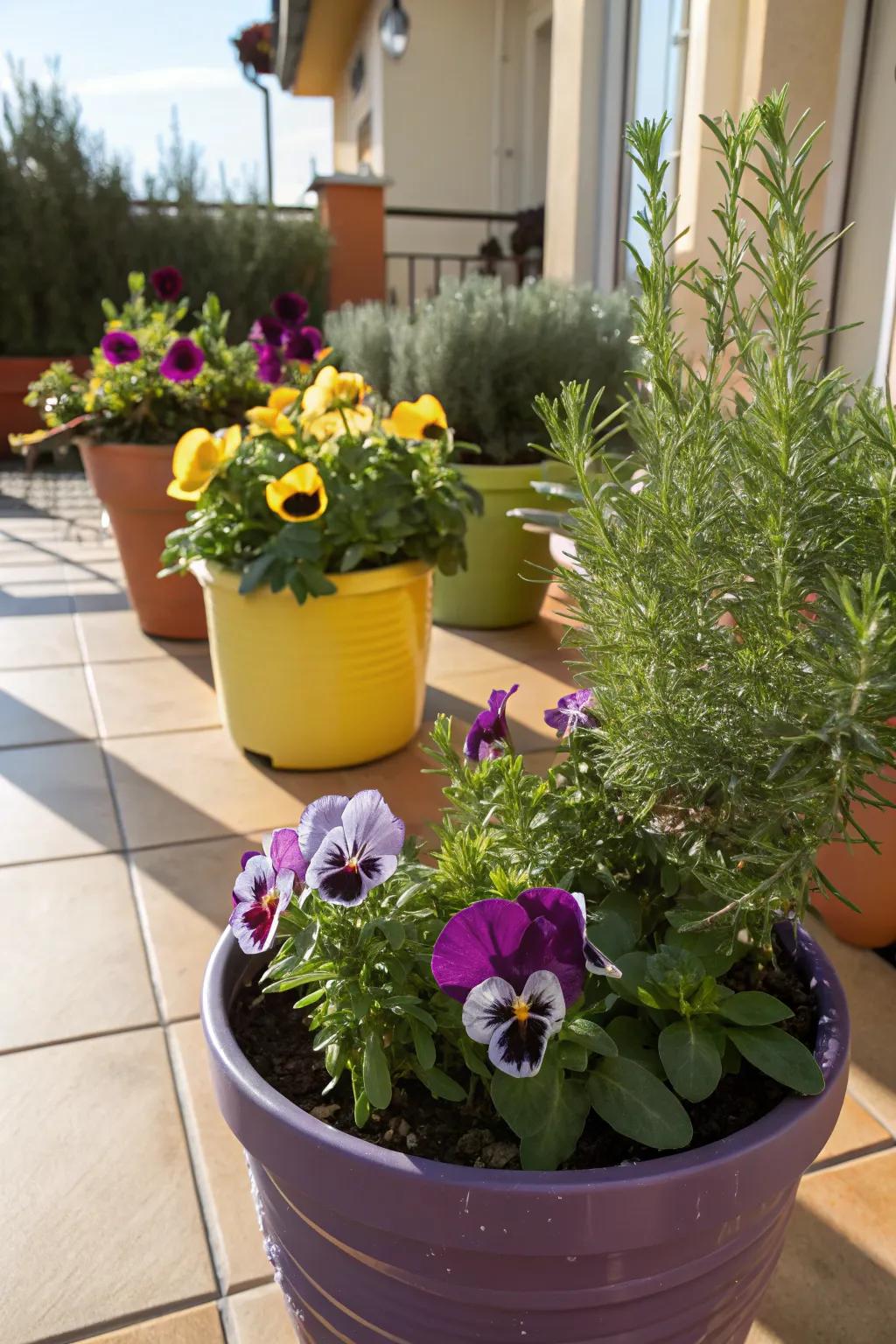 A container garden of pansies and rosemary, blending color with aromatic herbs.