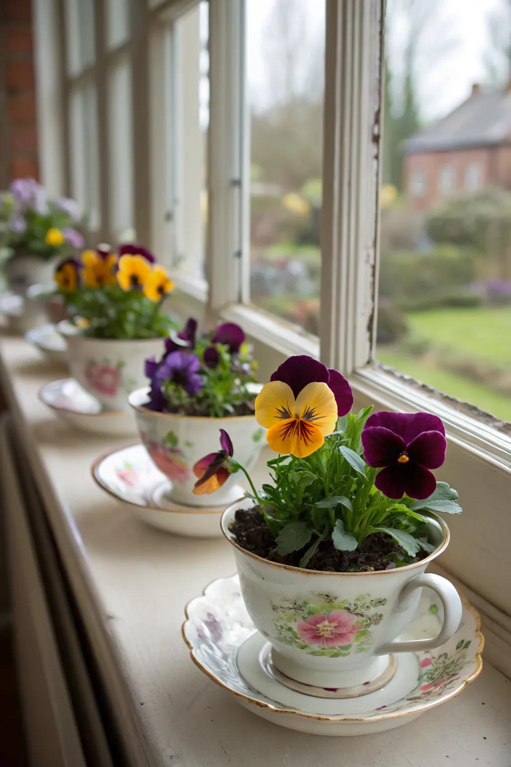 Teacups filled with pansies, adding vintage charm to any windowsill.