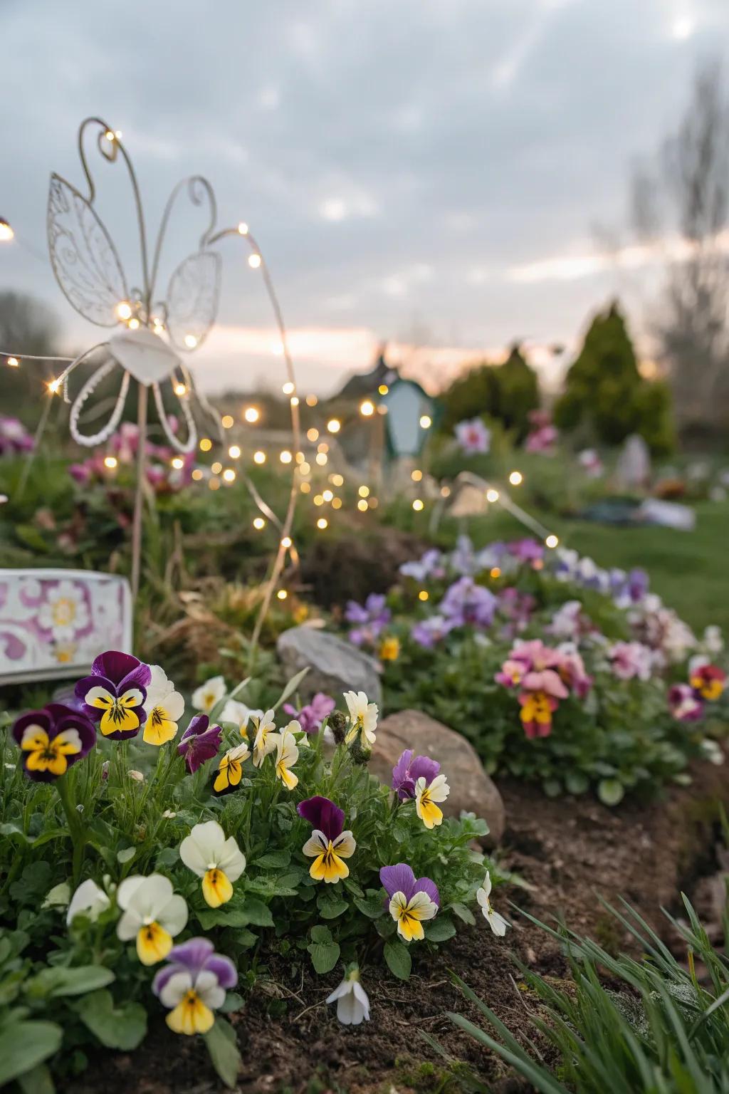 A fairy garden with pansies, bringing enchantment to any garden space.