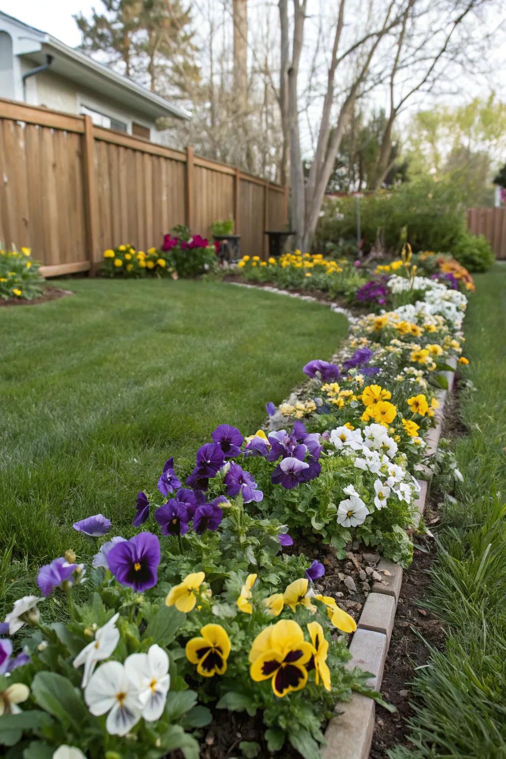Pansies creating vibrant garden borders, adding definition and color.