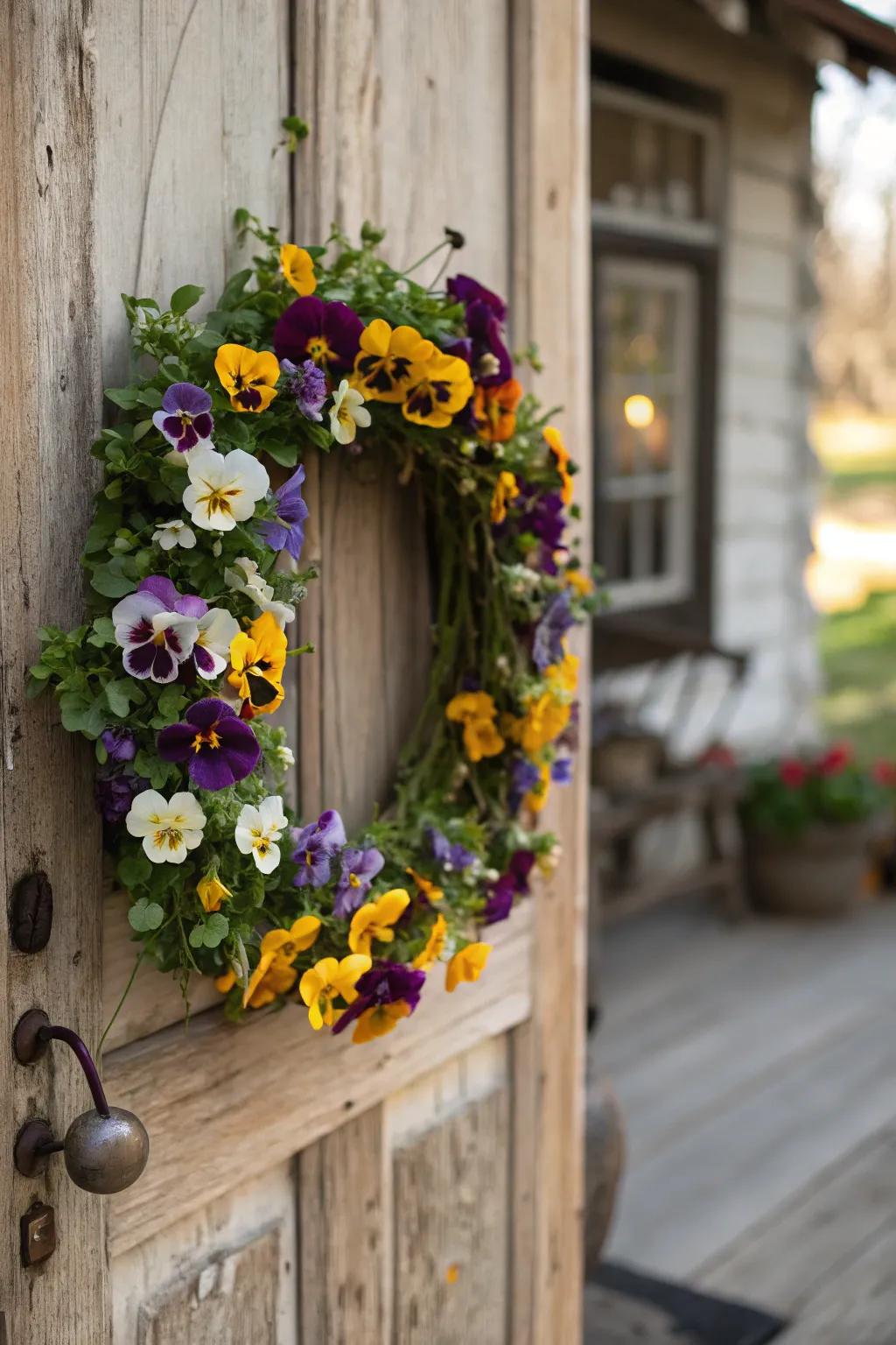 A seasonal wreath of pansies, welcoming guests with vibrant charm.