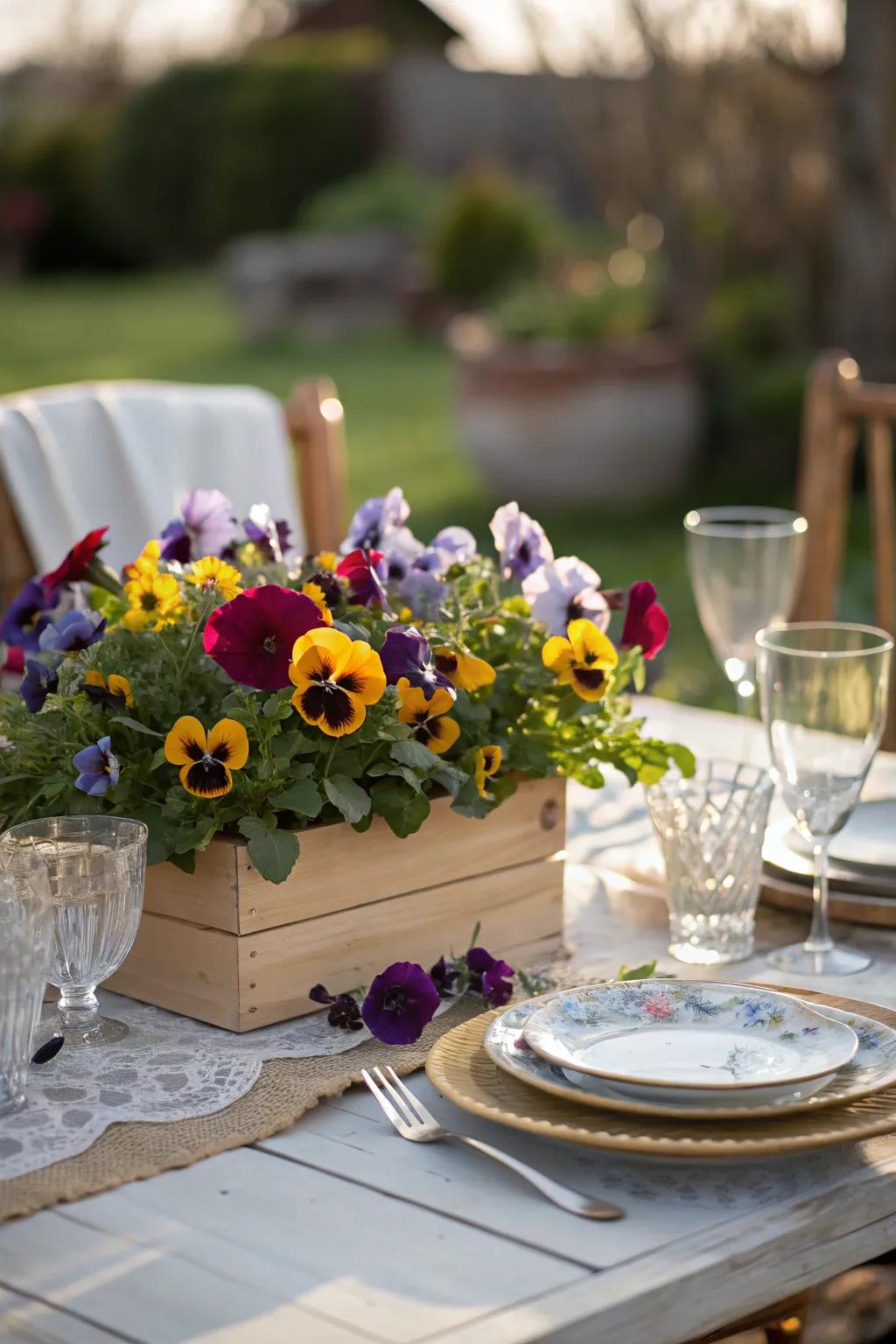 A charming table centerpiece featuring pansies, perfect for outdoor dining.