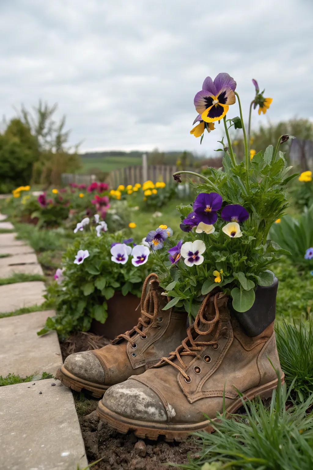 Pansies thriving in vintage boots, adding a playful touch to the garden.