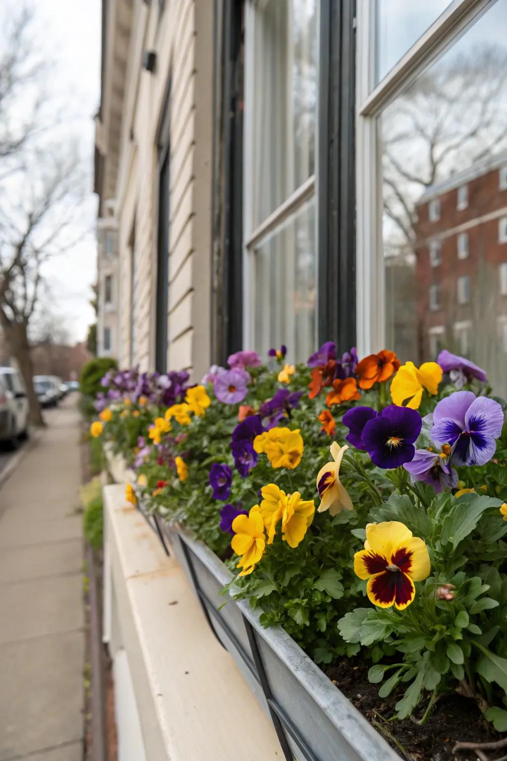 Window boxes adorned with pansies, creating a stunning visual display.