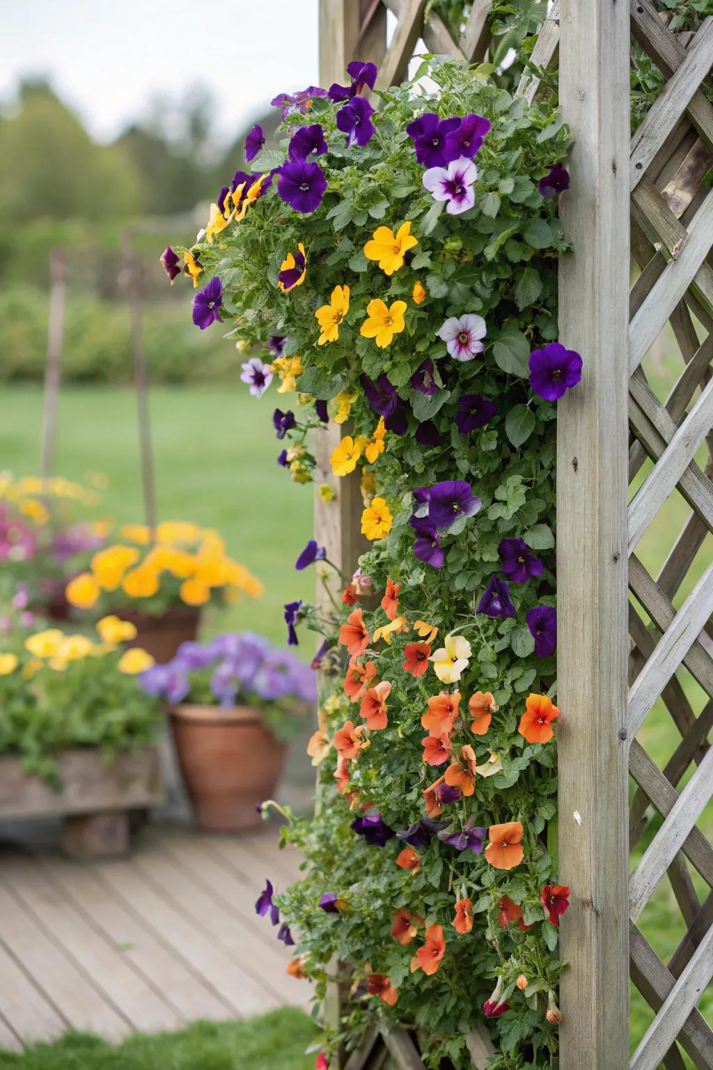 A trellis adorned with pansies, adding vertical beauty to the garden.