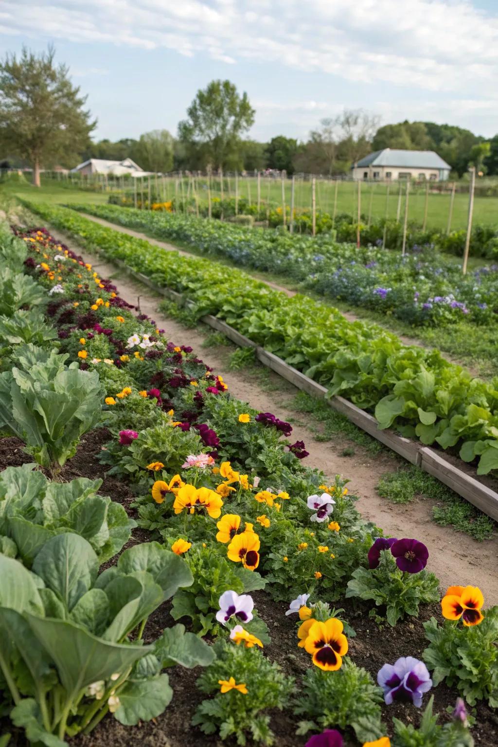 A vegetable garden with pansies, combining beauty and function.
