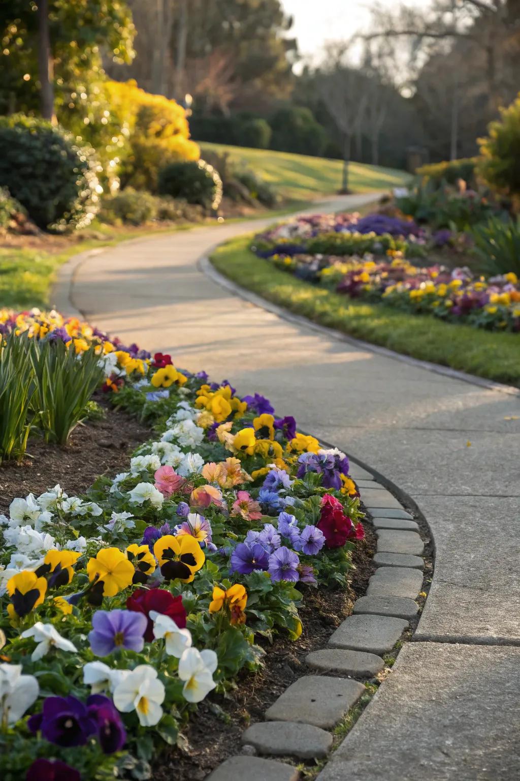 A garden path transformed by vibrant pansies, welcoming every step.