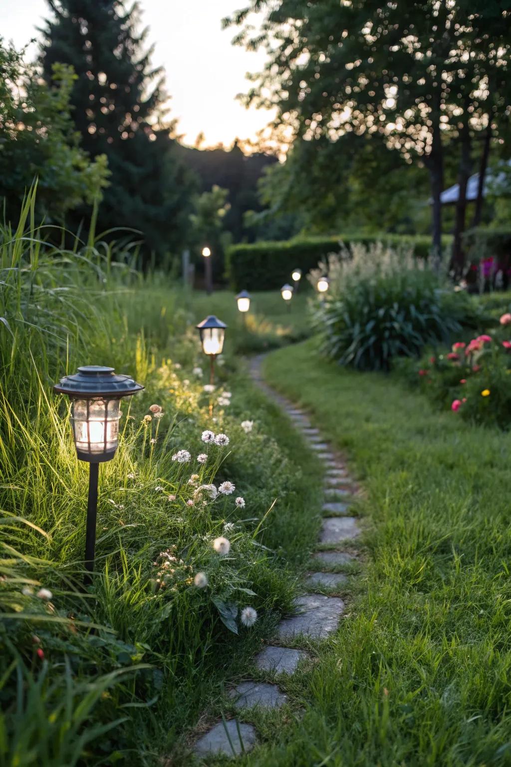 Grassy path nicely lit by solar lights.