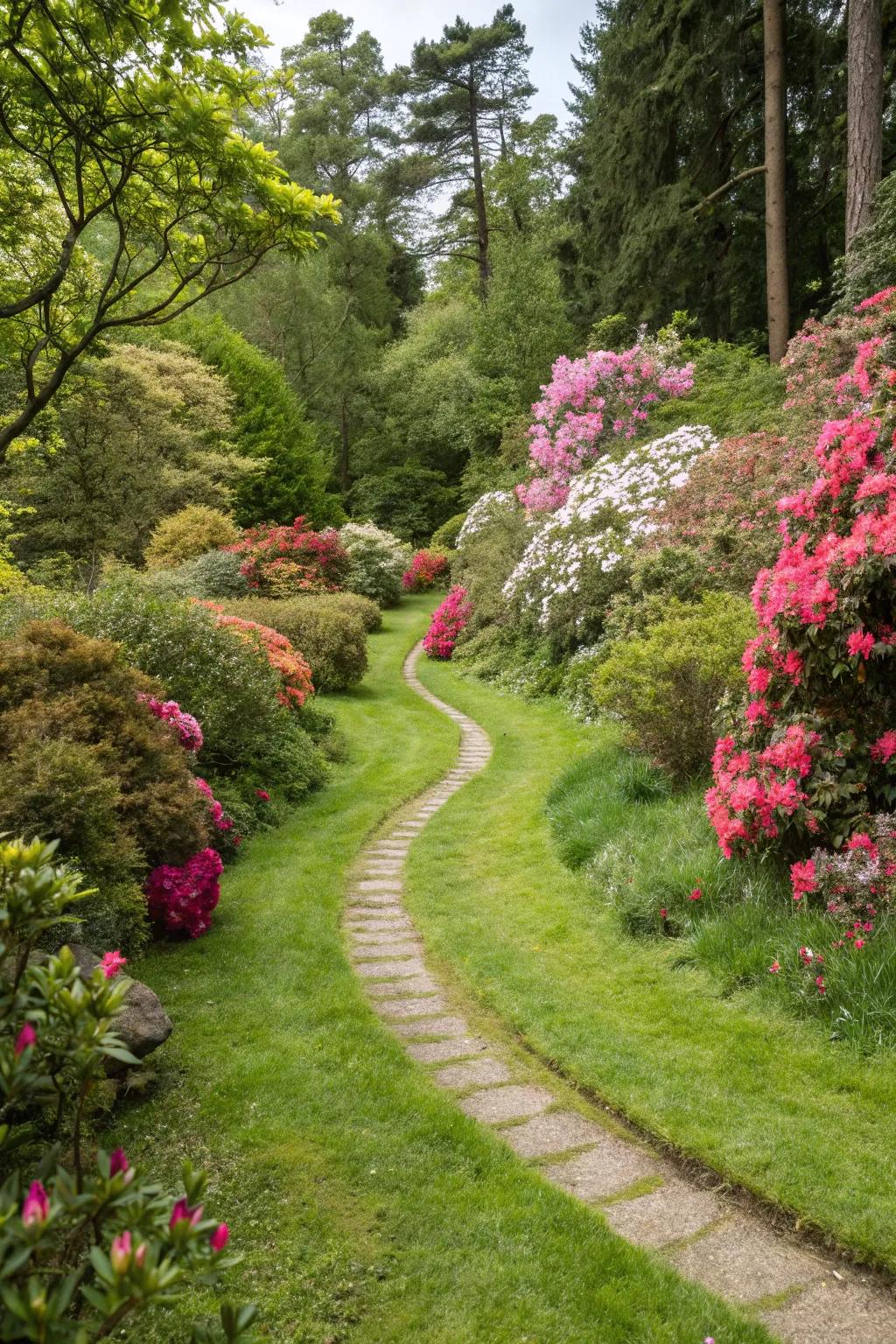 A twisting grassy trail bordered by bright flowers.