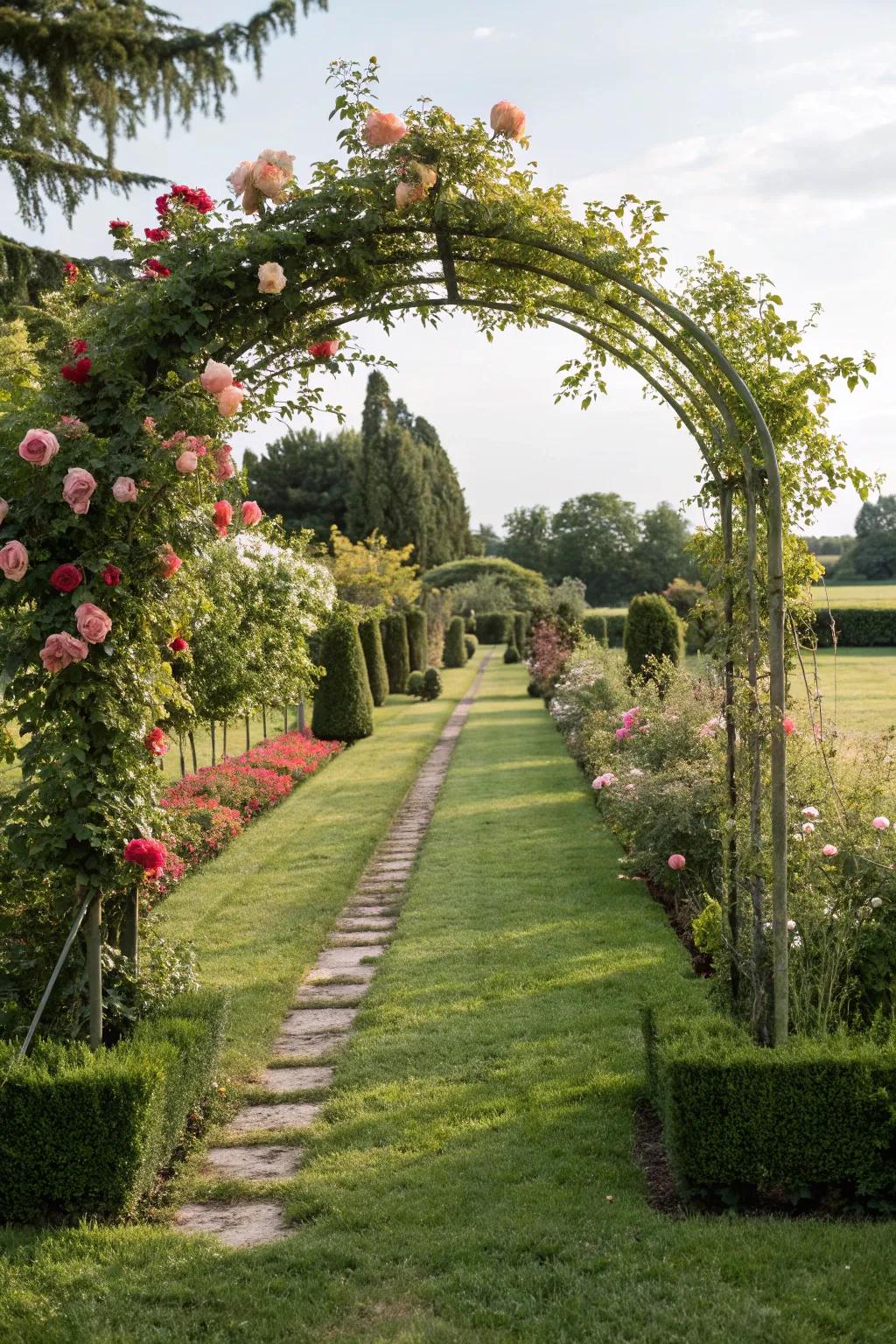 Grassy walkway beneath a decorative archway.