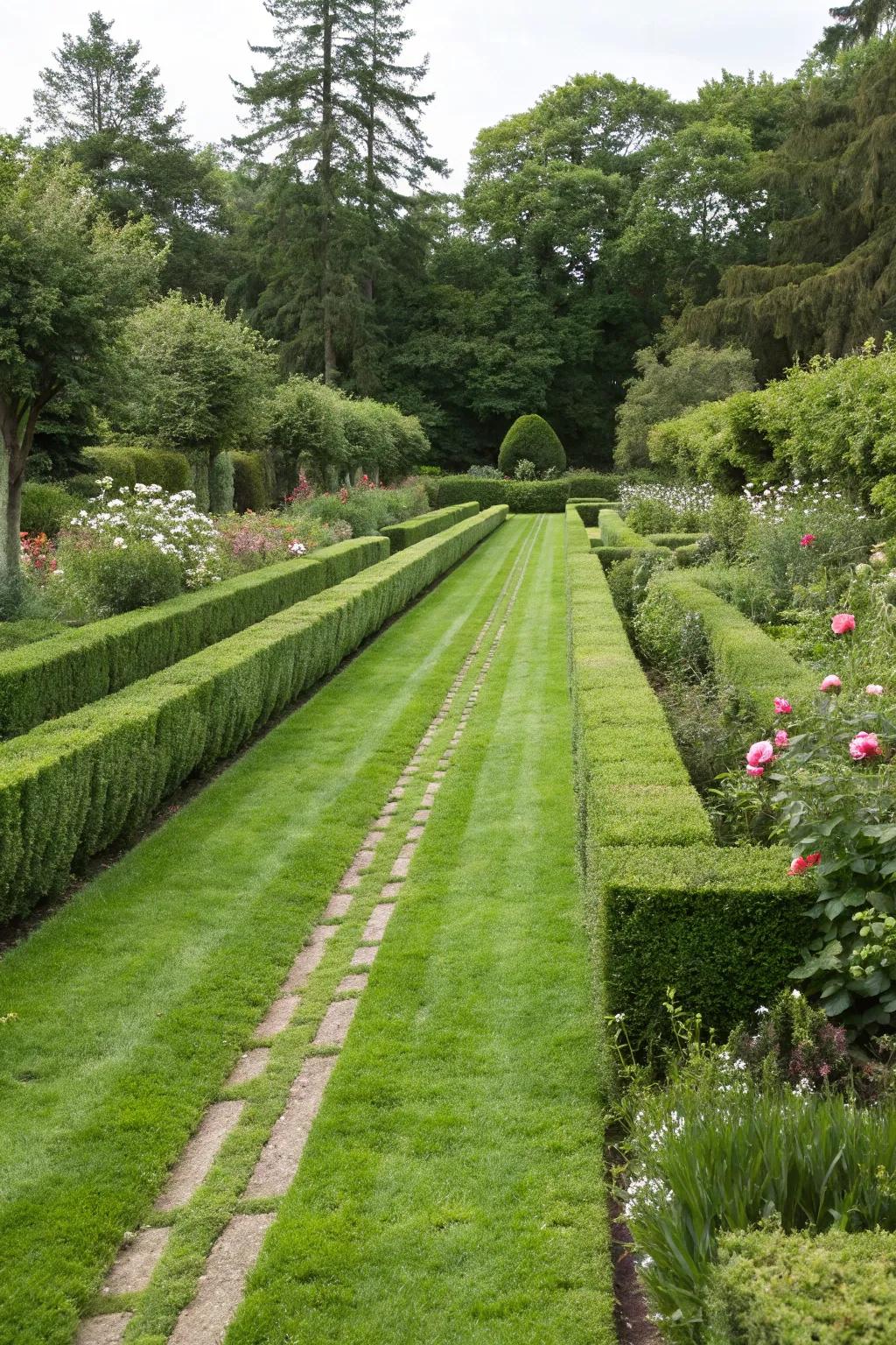 Neatly edged formal grass garden path.