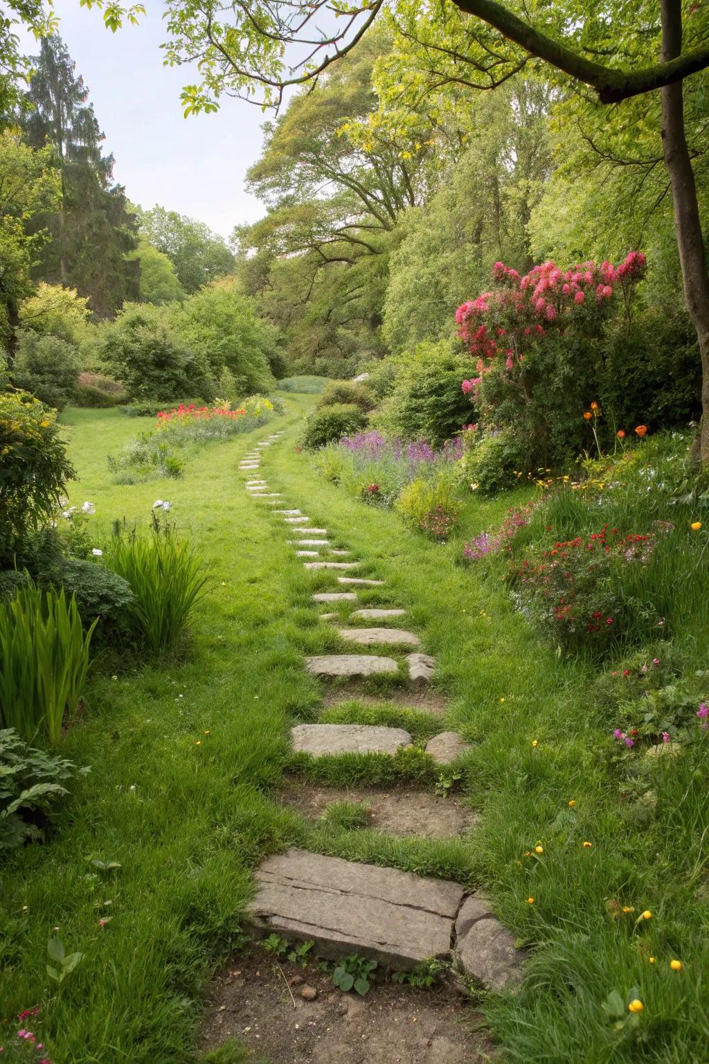 Grass path interspersed with natural stepping stones.