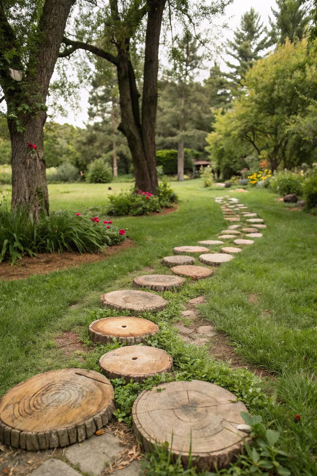 Grass path complemented by rustic wooden rounds.