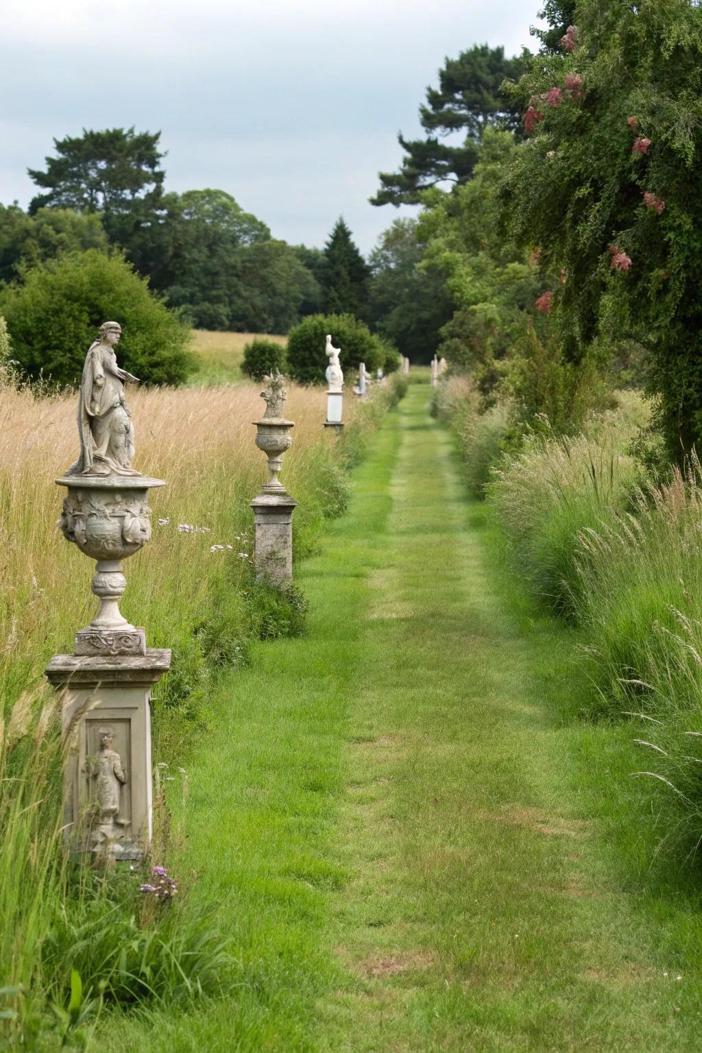 Garden walkway adorned with artistic sculptures.