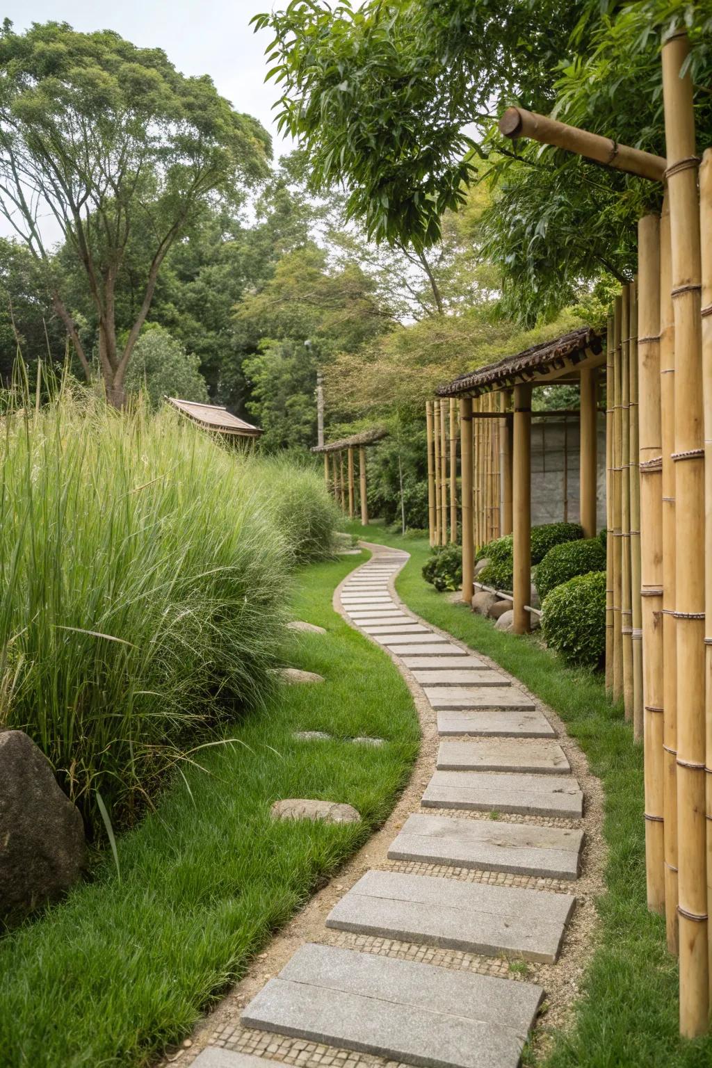Grassy path with calming bamboo accents.