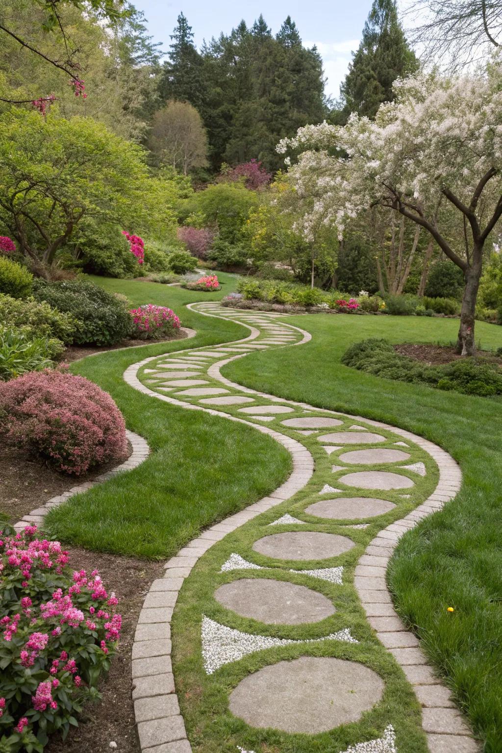 Grassy path featuring distinct circular designs.