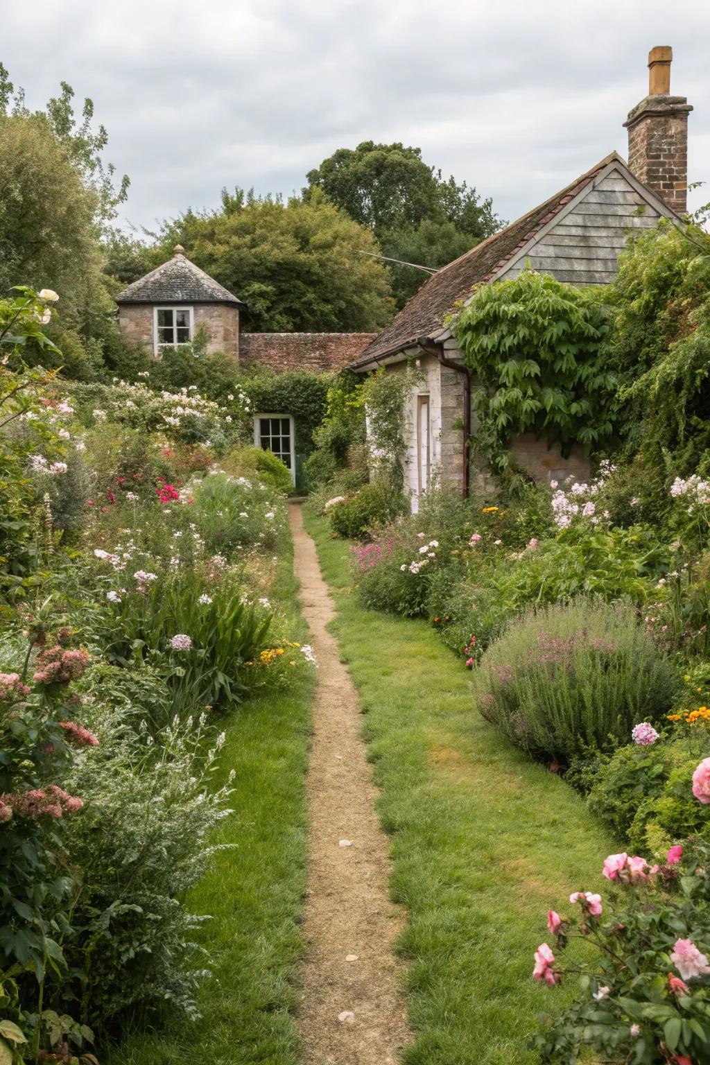 Grassy path nestled in a charming cottage garden.