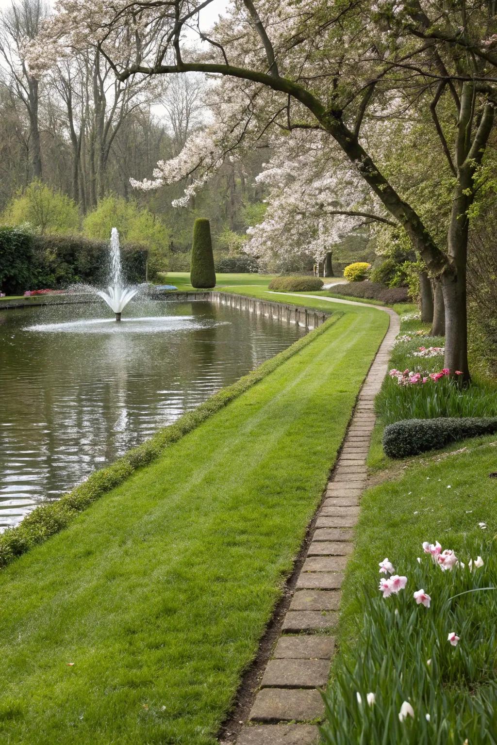 Grassy path accompanied by a soothing water feature.