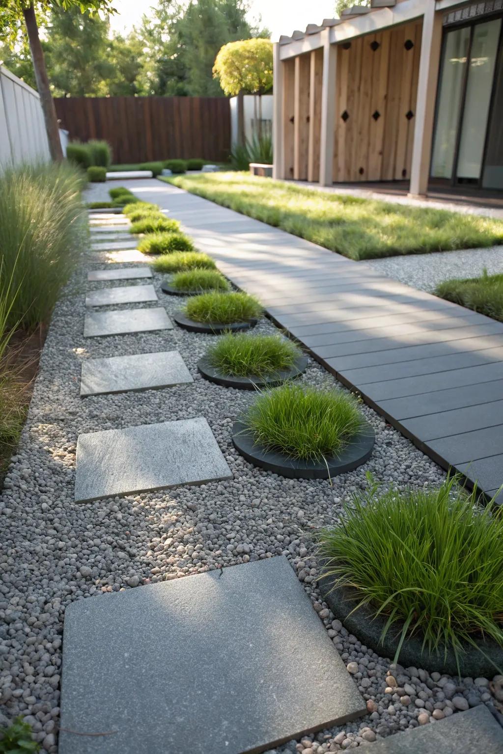Grass floating islands set upon a gravel base.