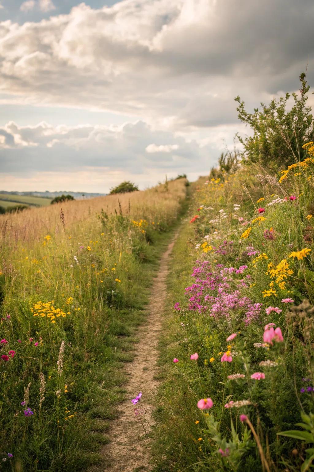 Grassy path bordered with colorful wildflowers.