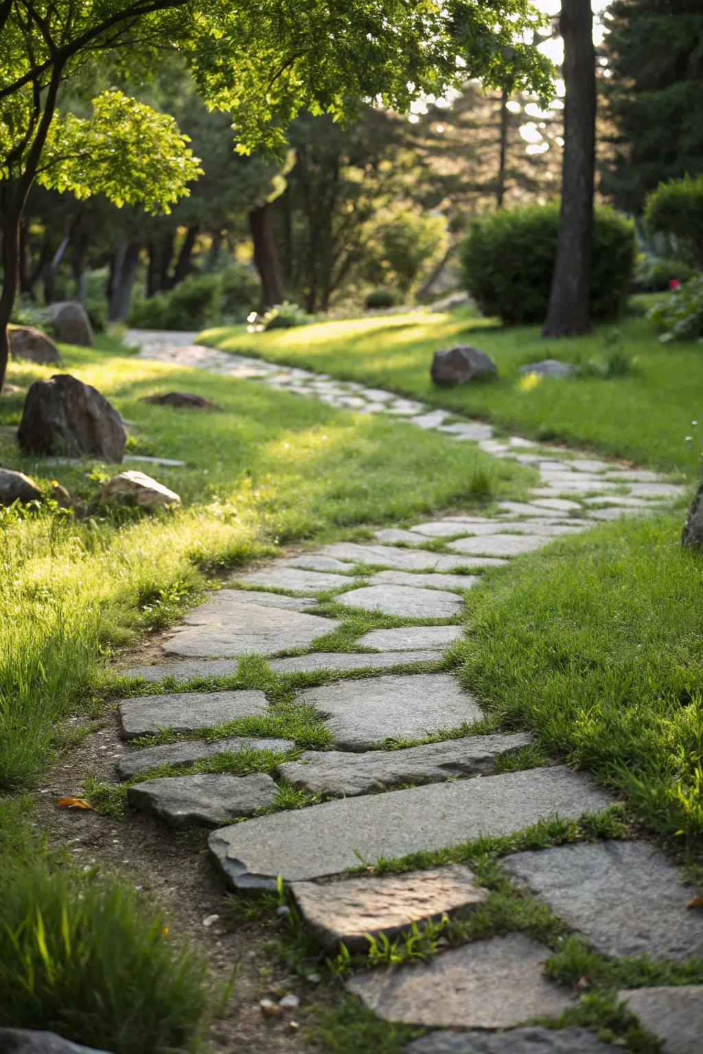 Garden path with grass growing between pavers.