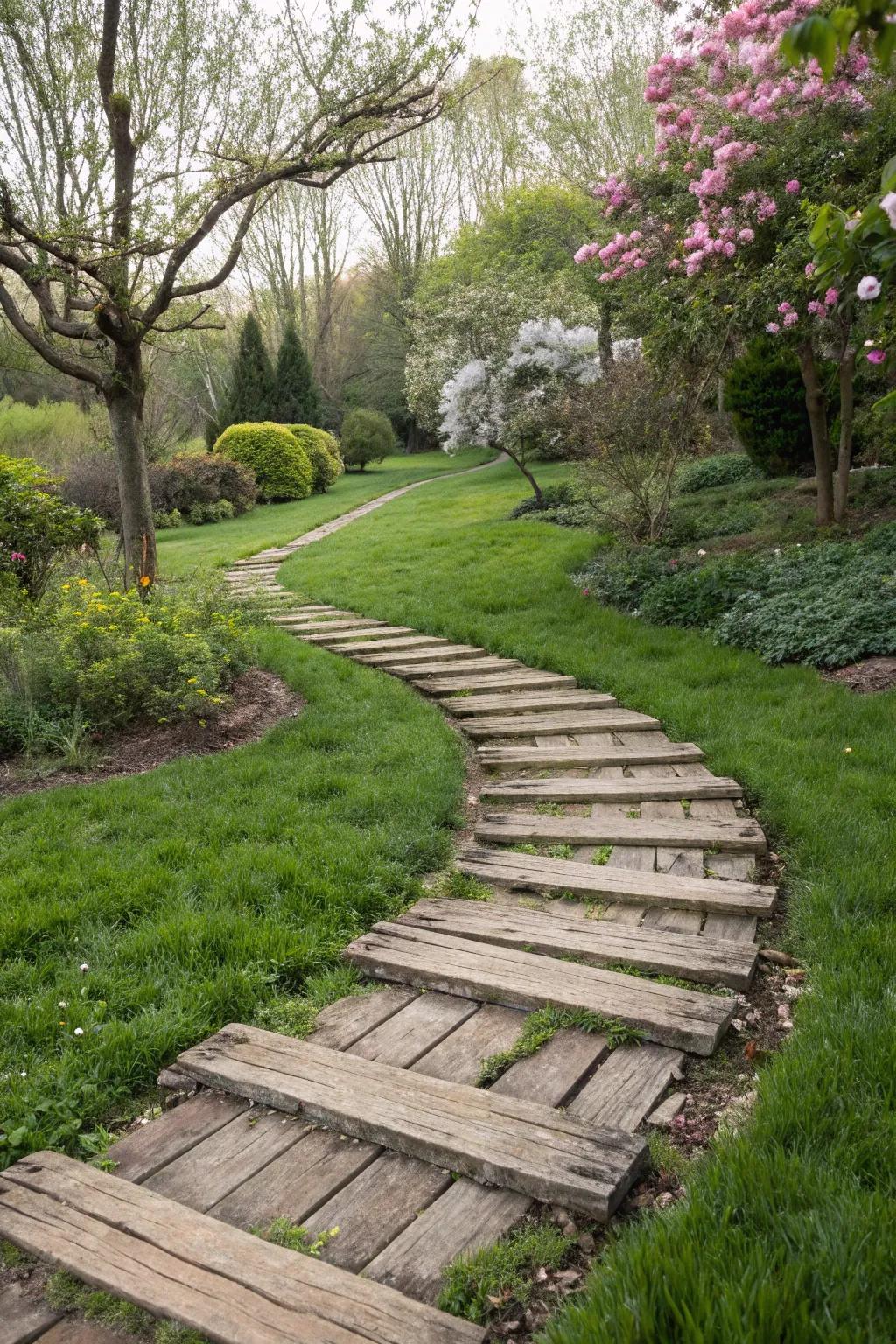 Garden pathway mixing wooden planks and lush grass.