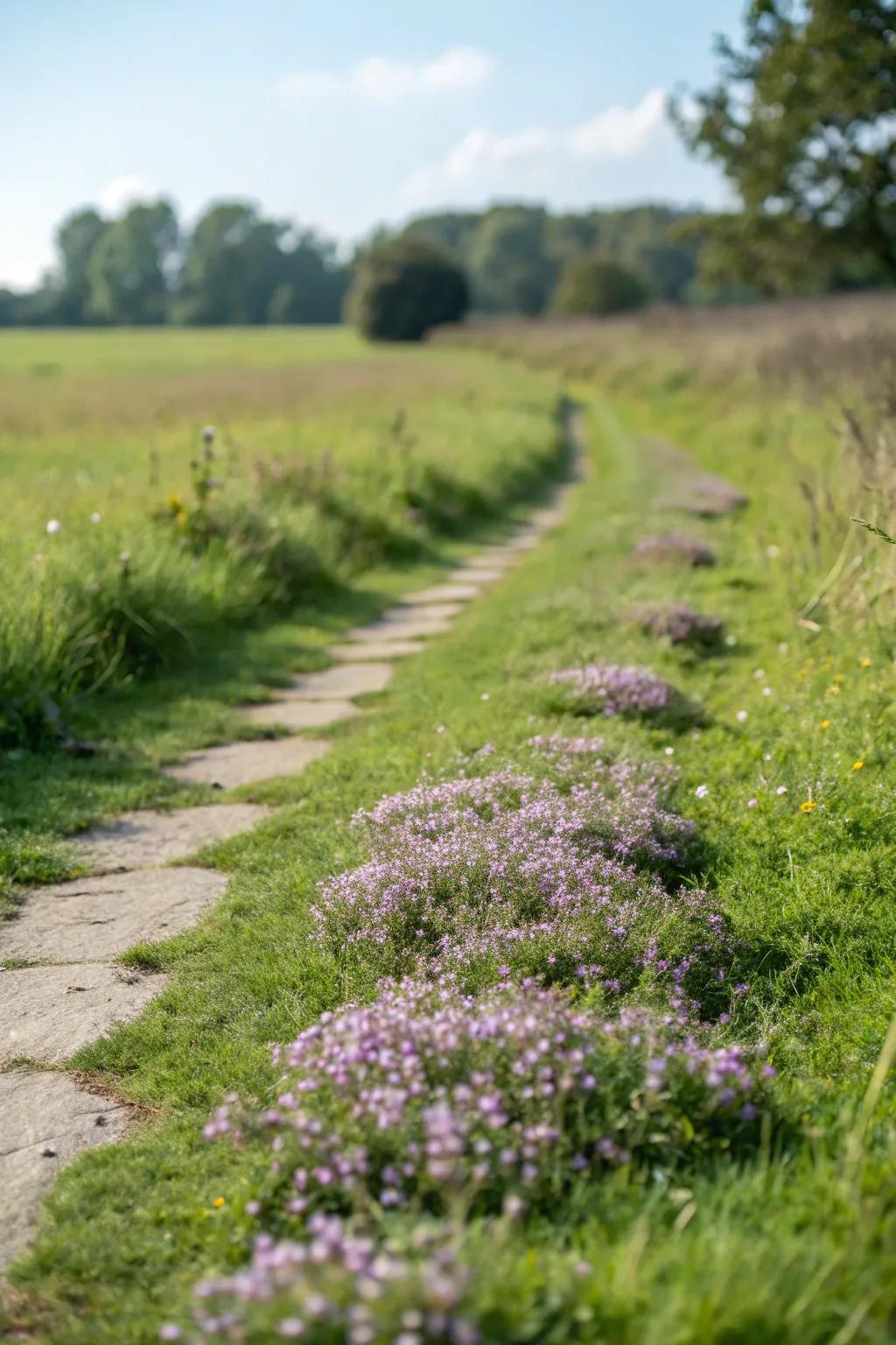 Fragrant grassy path with creeping thyme between blades.