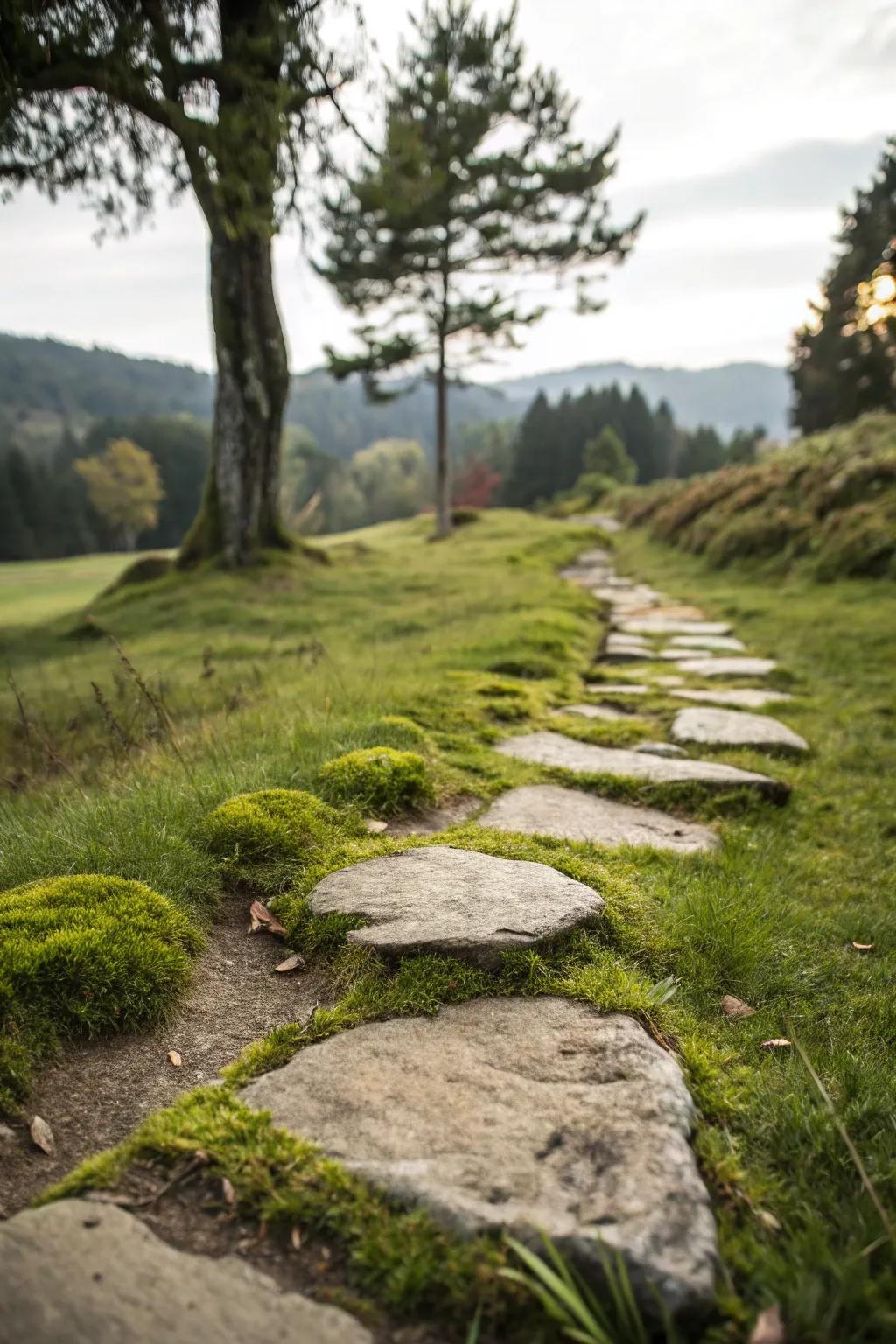 Grass path featuring stepping stones surrounded by lush moss.